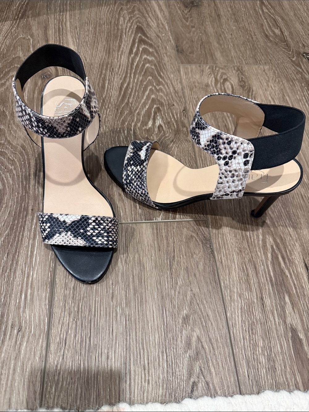 Franco Sarto Snake-Print Ankle Strap Heels - Black & White